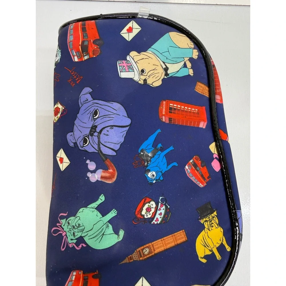 Betsey Johnson London Bulldog Print Cosmetic Bag Navy Blue Makeup Pouch